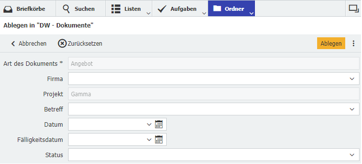 Ausgefüllter Ablagedialog